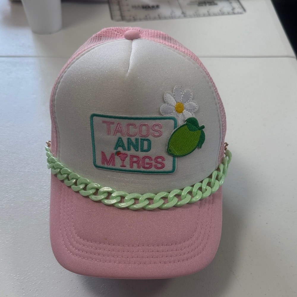 Pink and White Trucker Hat with Green Chain